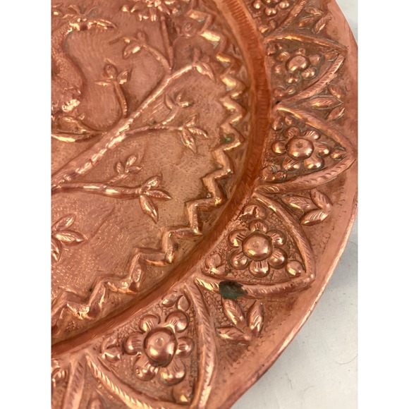 Vintage Hammered Copper Wall Plate Bird Floral Repoussé Hanging Decor 16" - Picture 7 of 11